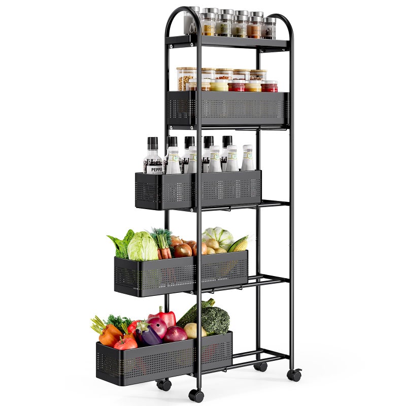 KINGRACK 5-Tier Slim Storage Cart with Pull Out Basket, Rolling Bathroom Organizer Utility, Metal Shelving Unit Slide Out, Lockable Wheels, Easy Assembly for Narrow Place, Kitchen, Laundry Room, Black - Image 1