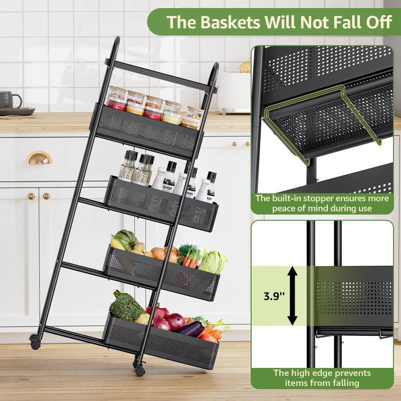 KINGRACK 5-Tier Slim Storage Cart with Pull Out Basket, Rolling Bathroom Organizer Utility, Metal Shelving Unit Slide Out, Lockable Wheels, Easy Assembly for Narrow Place, Kitchen, Laundry Room, Black - Image 5