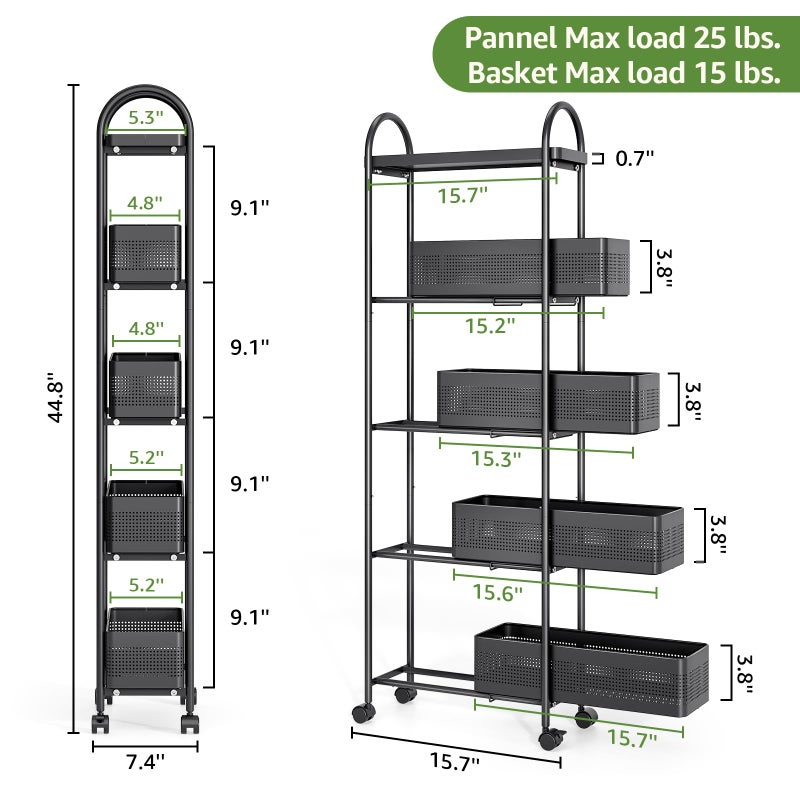KINGRACK 5-Tier Slim Storage Cart with Pull Out Basket, Rolling Bathroom Organizer Utility, Metal Shelving Unit Slide Out, Lockable Wheels, Easy Assembly for Narrow Place, Kitchen, Laundry Room, Black - Image 2