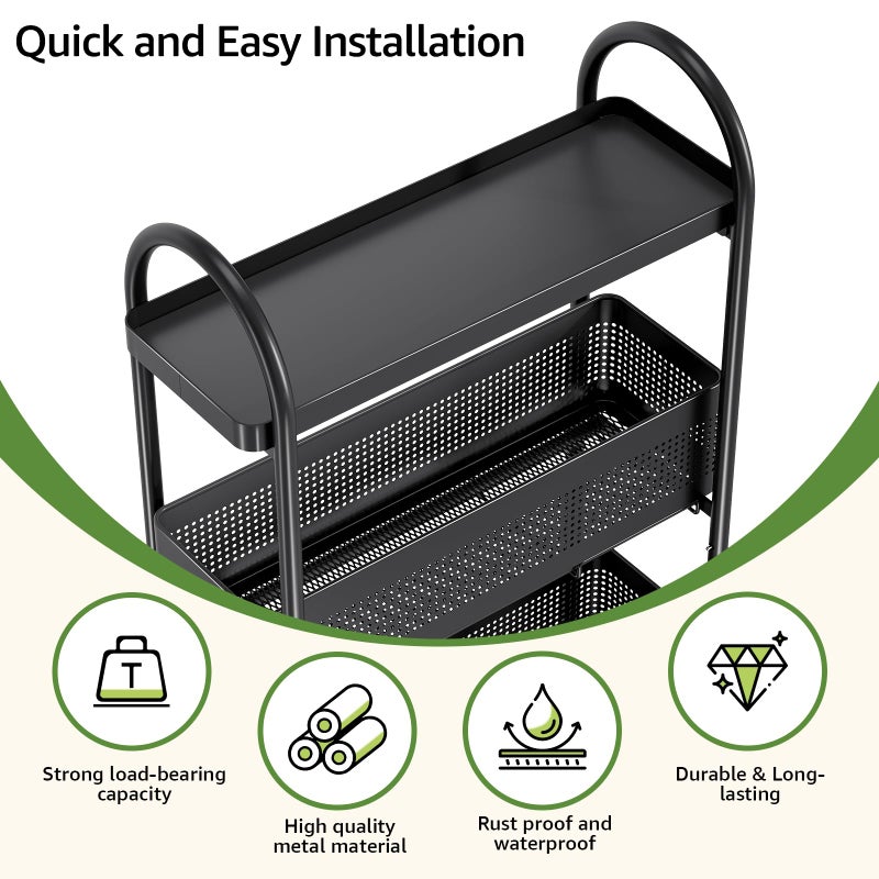 KINGRACK 5-Tier Slim Storage Cart with Pull Out Basket, Rolling Bathroom Organizer Utility, Metal Shelving Unit Slide Out, Lockable Wheels, Easy Assembly for Narrow Place, Kitchen, Laundry Room, Black - Image 3