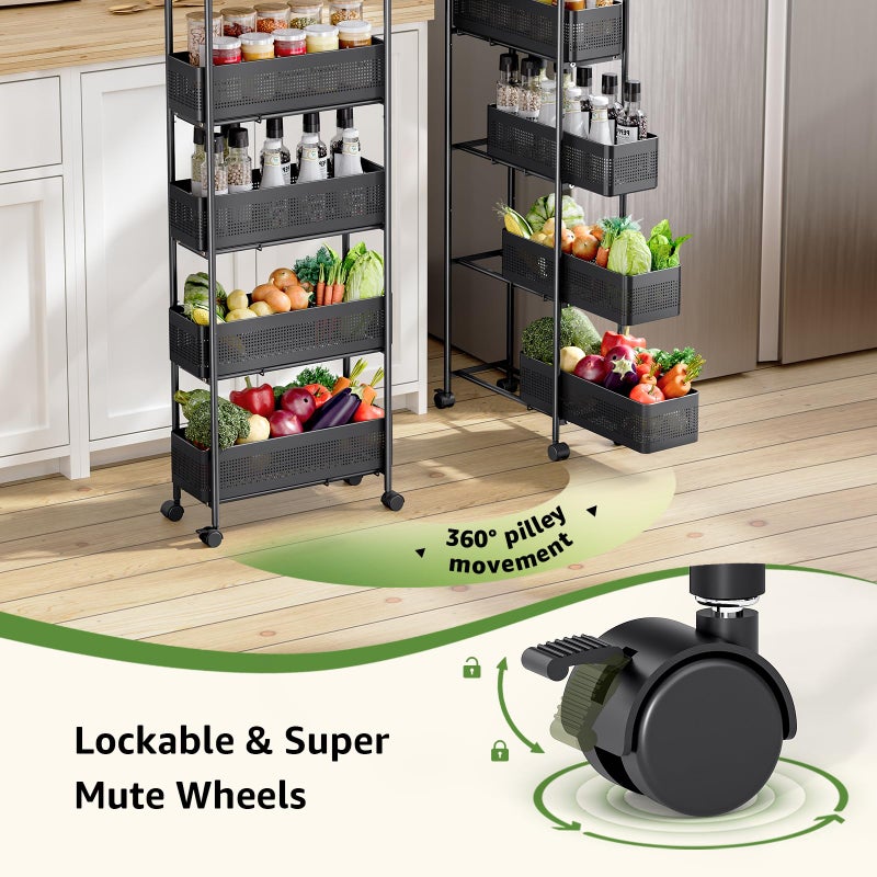 KINGRACK 5-Tier Slim Storage Cart with Pull Out Basket, Rolling Bathroom Organizer Utility, Metal Shelving Unit Slide Out, Lockable Wheels, Easy Assembly for Narrow Place, Kitchen, Laundry Room, Black - Image 4