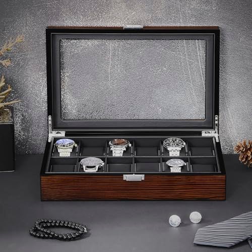 BEWISHOME Watch Case, 12-Slot Watch Box with Large Glass Lid, Wooden Watch Box Organizer for Men, Watch Storage with Removable Watch Pillows, Synthetic Leather Interior, Brown SSH12Y - Image 3