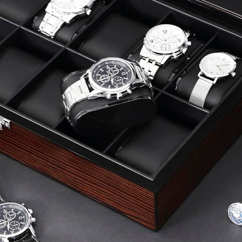 BEWISHOME Watch Case, 12-Slot Watch Box with Large Glass Lid, Wooden Watch Box Organizer for Men, Watch Storage with Removable Watch Pillows, Synthetic Leather Interior, Brown SSH12Y - Image 5