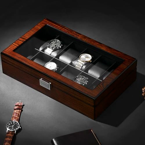 BEWISHOME Watch Case, 12-Slot Watch Box with Large Glass Lid, Wooden Watch Box Organizer for Men, Watch Storage with Removable Watch Pillows, Synthetic Leather Interior, Brown SSH12Y - Image 2