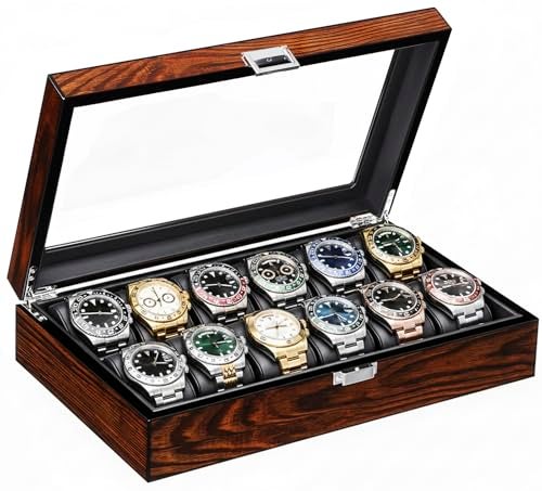 BEWISHOME Watch Case, 12-Slot Watch Box with Large Glass Lid, Wooden Watch Box Organizer for Men, Watch Storage with Removable Watch Pillows, Synthetic Leather Interior, Brown SSH12Y - Image 1