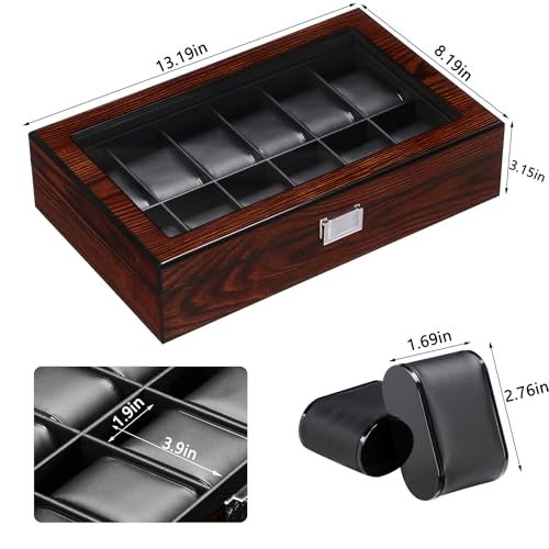 BEWISHOME Watch Case, 12-Slot Watch Box with Large Glass Lid, Wooden Watch Box Organizer for Men, Watch Storage with Removable Watch Pillows, Synthetic Leather Interior, Brown SSH12Y - Image 4