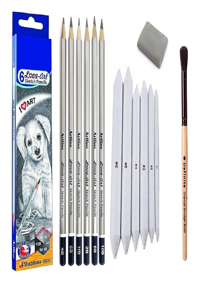 Craftacious Artline Sketching Pencils Kit with 6X Graphite Pencils 1x Kneadable Eraser 6X Paper Blending Stumps with Smudger Brush - Image 1