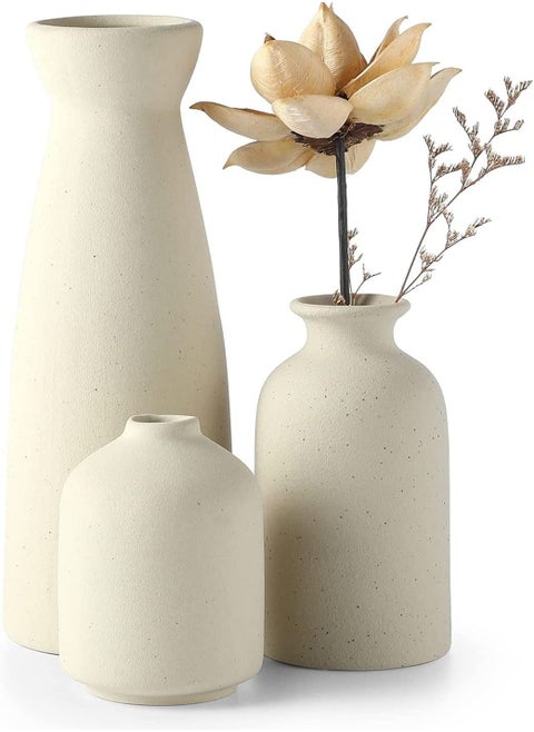 Set of 3 Beige Ceramic vase Small Flower vases for Decor,Modern Home Decor, Vases for Decor,Pampas Grass Vase,Dried Flowers Vases,Living Room,Table Shelf, Centerpieces Decoration