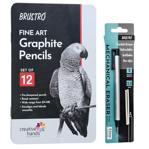 BRUSTRO Fine Art Graphite Pencil - Set of 12 (10B - 2H) with Mechanical Precision Retractable Eraser(2.3mm) | Ideal for Drawing,Sketching,Mandala,Shading,Artwork, Beginners, Artists and Professionals - Image 1