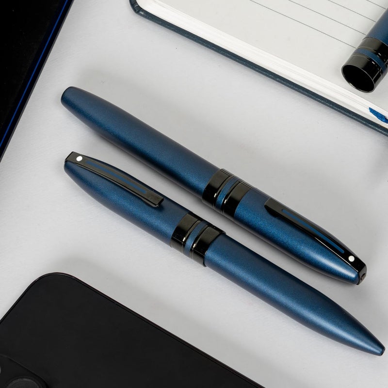 SHEAFFER قلم رولر أيقوني 9110 أزرق معدني مع حواف سوداء لامعة | قلم أزرق فاخر - Image 2