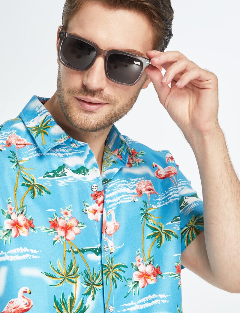 SSLR Hawaiian Shirt for Men Flamingo Short Sleeve Casual Button Down Shirts Summer Beach Shirt (Large, Blue) - Image 3
