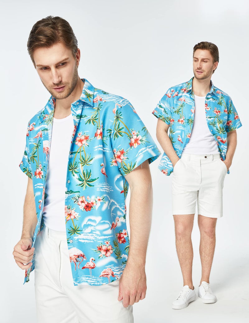 SSLR Hawaiian Shirt for Men Flamingo Short Sleeve Casual Button Down Shirts Summer Beach Shirt (Large, Blue) - Image 4