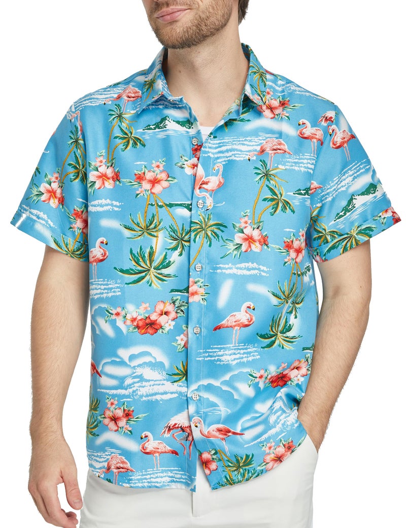 SSLR Hawaiian Shirt for Men Flamingo Short Sleeve Casual Button Down Shirts Summer Beach Shirt (Large, Blue) - Image 1