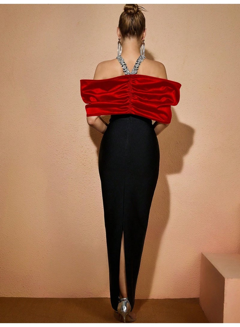 Black Off-Shoulder Red Bow Bandage Maxi Dress Elegant Formal Wear - Image 4