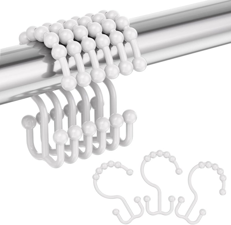 Amazer Plastic Shower Curtain Hooks, Double Shower Curtain Rings, Shower Rings for Shower Curtain, White Shower Hooks for Curtain Liner Bathroom - 12 Pcs - Image 1