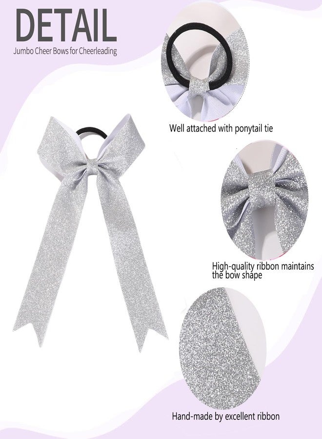 Hipcheer Long Tail Glitter Cheer Bows 16 PCS Collegiate Style Cheer Bows Ponytail Holder Handmade Bows for Girls Teens Cheerleader Sports (Glitter Silver) - Image 5