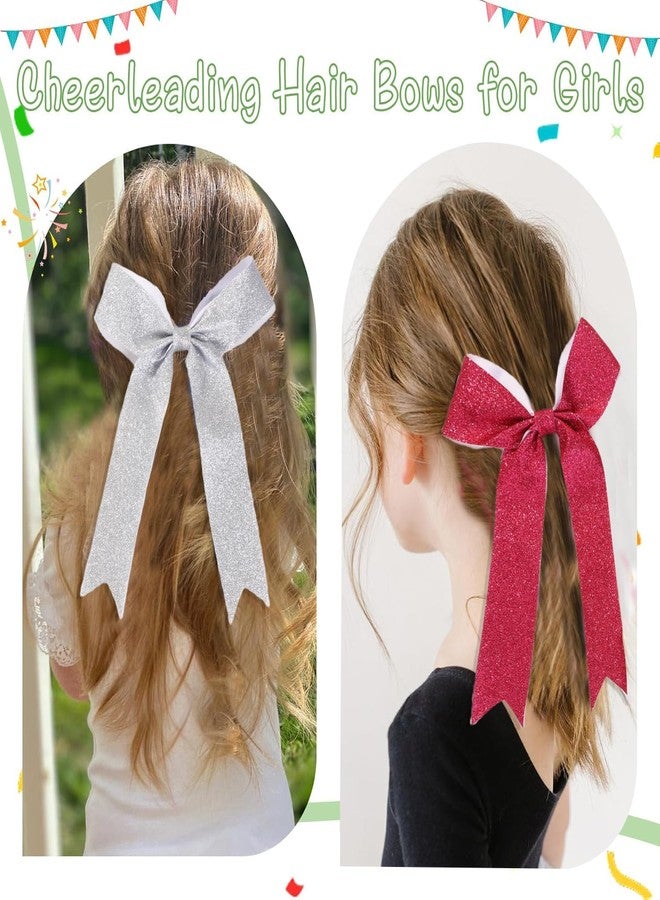 Hipcheer Long Tail Glitter Cheer Bows 16 PCS Collegiate Style Cheer Bows Ponytail Holder Handmade Bows for Girls Teens Cheerleader Sports (Glitter Silver) - Image 2