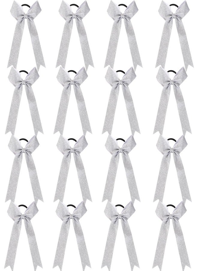 Hipcheer Long Tail Glitter Cheer Bows 16 PCS Collegiate Style Cheer Bows Ponytail Holder Handmade Bows for Girls Teens Cheerleader Sports (Glitter Silver) - Image 1
