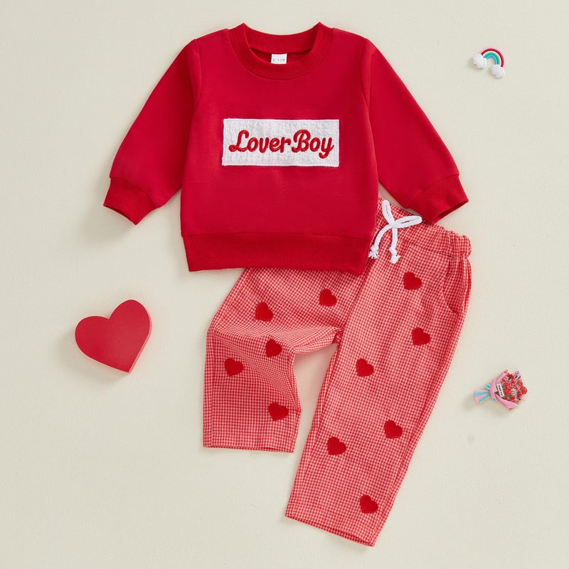 Kuriozud Toddler Baby Boy Clothes Outfit Valentines Day Sweatshirt Lover Boy Shirt+Waffle Knit Pant Set Clothing Fall Winter (Red Heart Lover Boy, 12-18 Months) - Image 4