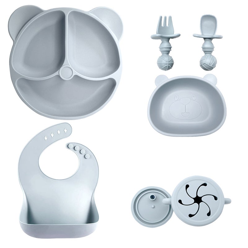 Silicone Baby Dining Set Soft Bib Bowl Spoon Grey 7-bear plate bear head bowl 2 in 1 cup bib short fork spoon