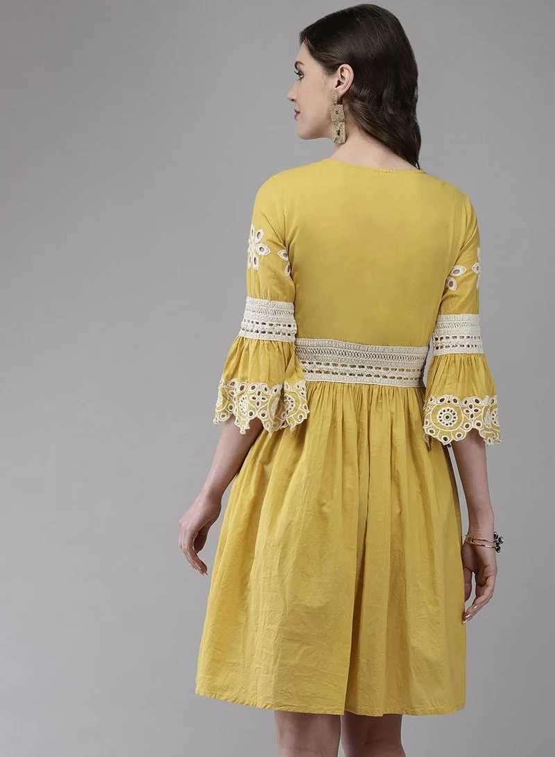 Ishin  Womens Cotton Mustard Schiffli Embroidered A-Line Dress for Women | Best Price UAE