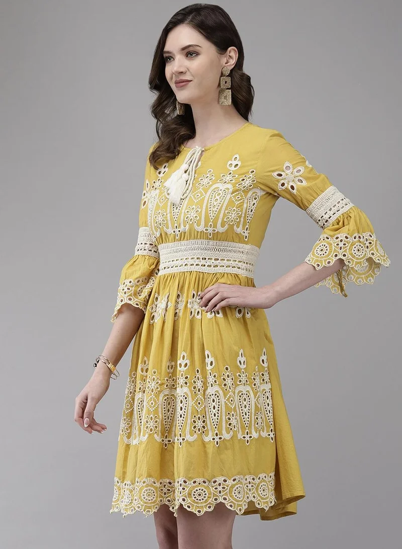 Ishin  Womens Cotton Mustard Schiffli Embroidered A-Line Dress for Women | Best Price UAE