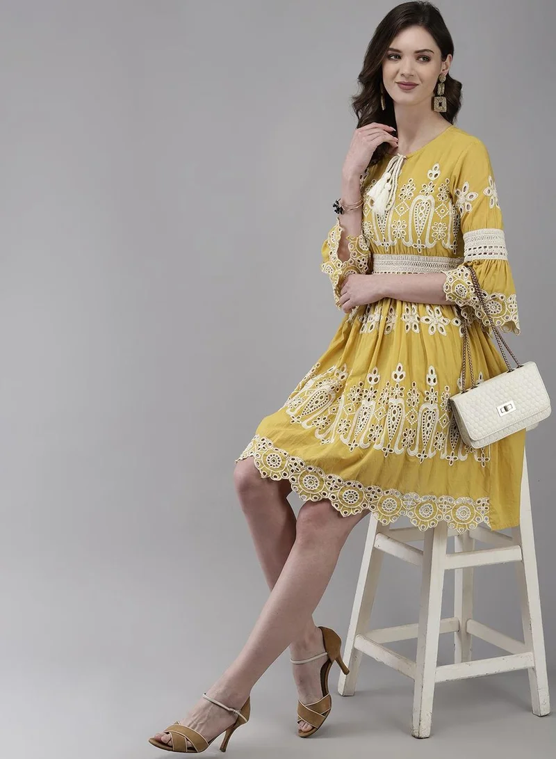 Ishin  Womens Cotton Mustard Schiffli Embroidered A-Line Dress for Women | Best Price UAE