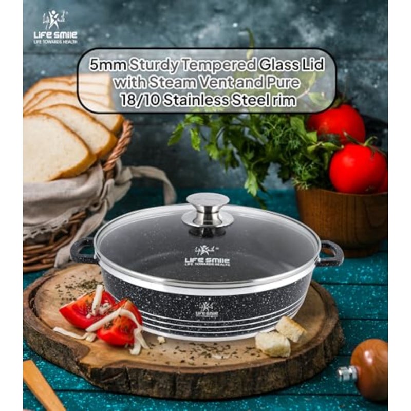 Shallow Pot with Lid Non Stick Granite Coating Frying Pan Oven Safe 100% PFOA FREE Double Handle 40 CM (9.6 Liters,Black) - Image 4