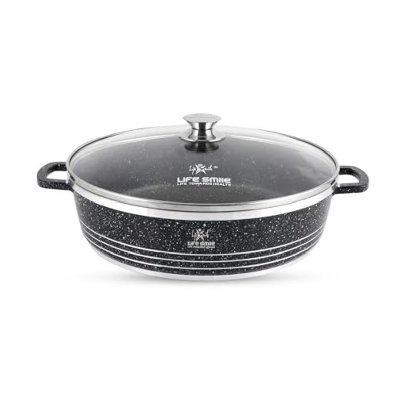Shallow Pot with Lid Non Stick Granite Coating Frying Pan Oven Safe 100% PFOA FREE Double Handle 40 CM (9.6 Liters,Black) - Image 1