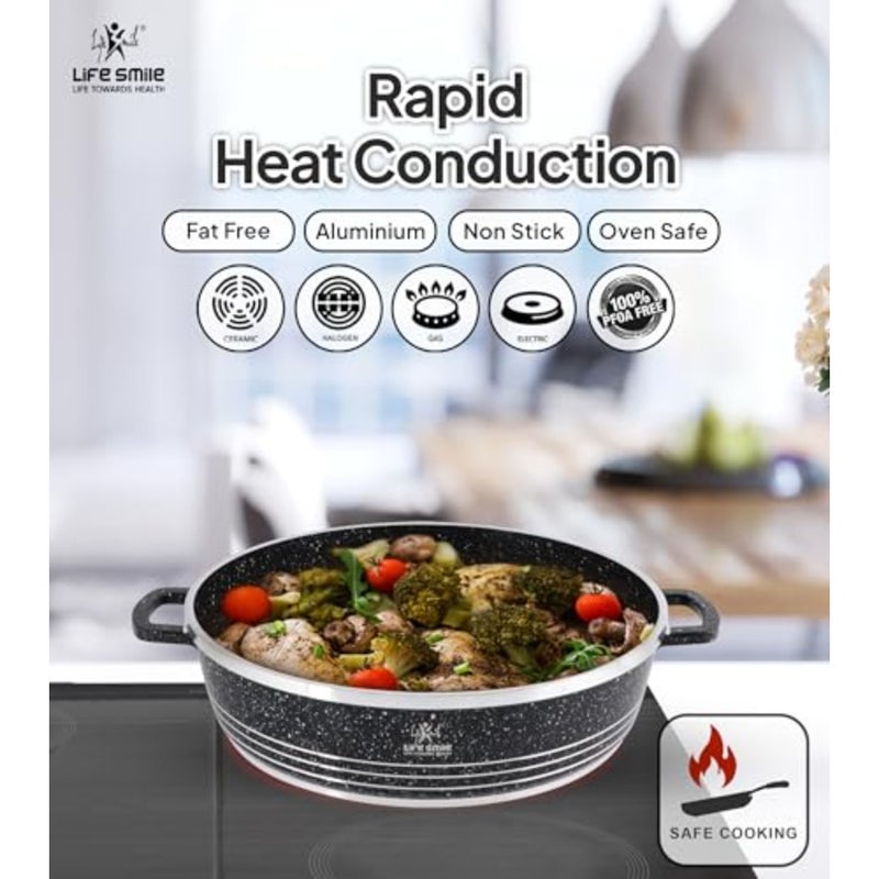 Shallow Pot with Lid Non Stick Granite Coating Frying Pan Oven Safe 100% PFOA FREE Double Handle 40 CM (9.6 Liters,Black) - Image 5