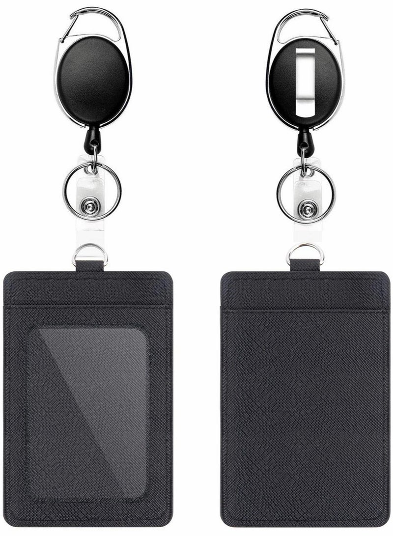 Badge Holders, 2 Pcs Heavy Duty Retractable Reel Clips Set with Carabiner Clip, Vertical Leather ID Card Holder, Black - Image 1