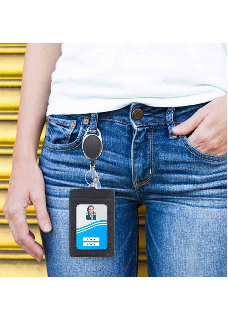 Badge Holders, 2 Pcs Heavy Duty Retractable Reel Clips Set with Carabiner Clip, Vertical Leather ID Card Holder, Black - Image 4