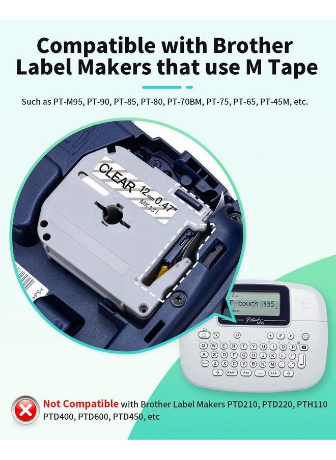 Anycolor Compatible M131 Tape Replace For Brother P Touch M Tape Mk131 M131 Mk131 12Mm 0.47'' Clear Tape Ptm95 Label Tape Work With Brother Ptm95 Pt70Bm Pt90 Pt70 Pt65 Pt45 Label Maker 4Pack  - Image 3