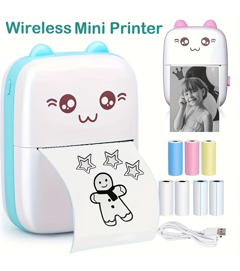 Blue Portable Mini Thermal Printer Inkless USB Rechargeable for Photo Label Travel Home Use - Image 1