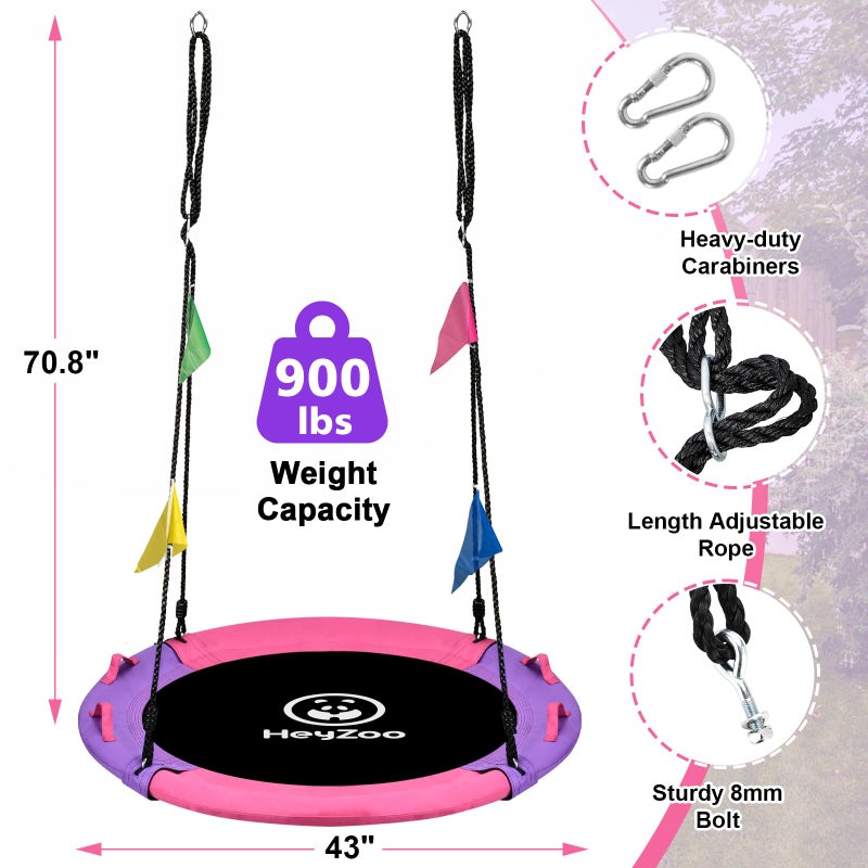 HeyZoo 43 Inch Tree Swing, 900lbs Weight Capacity Saucer Swing Sets for Kids & Adults, with 360 Degree Swivel and Adjustable Hanging Strap, Pink and Purple - Image 5