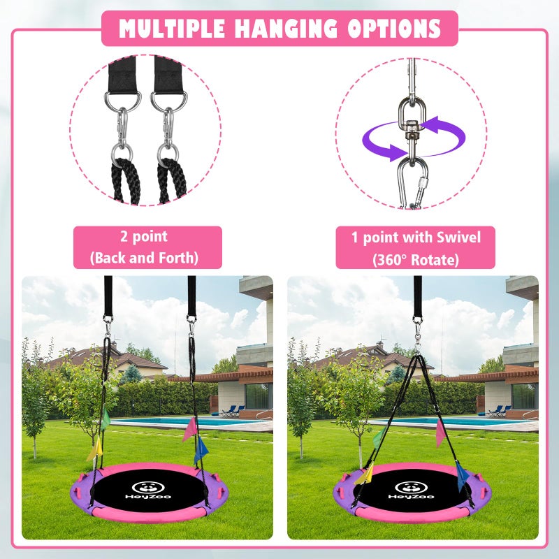 HeyZoo 43 Inch Tree Swing, 900lbs Weight Capacity Saucer Swing Sets for Kids & Adults, with 360 Degree Swivel and Adjustable Hanging Strap, Pink and Purple - Image 2