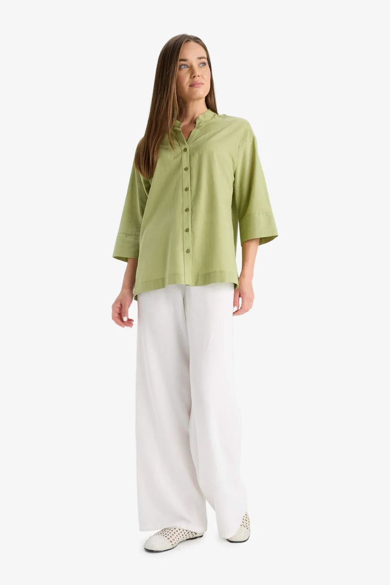 ديفاكتو Regular Fit Open Neck Flare Cotton Shirt