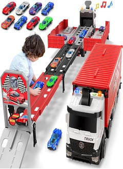Beauenty Race Car Track Toy Truck Toy with Slots & Foldable Race Tracks Transport Car Carrier Toy for Toddlers Cars Toy Set Container Truck Toy with 8 Alloy Cars Vehicles Toy Set for 3+ Kids Boys Girls  - Image 1