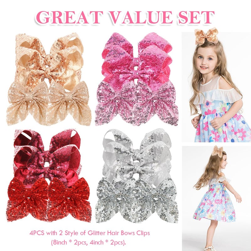 Aaiffey Hair Clip Glitter Pink Hair Bows for Girls 4Pcs  Sparkly Sequin Bows Hair Alligator Clips Toddler Bow Clips Hair Accessories for Kids Teens Children - Image 3