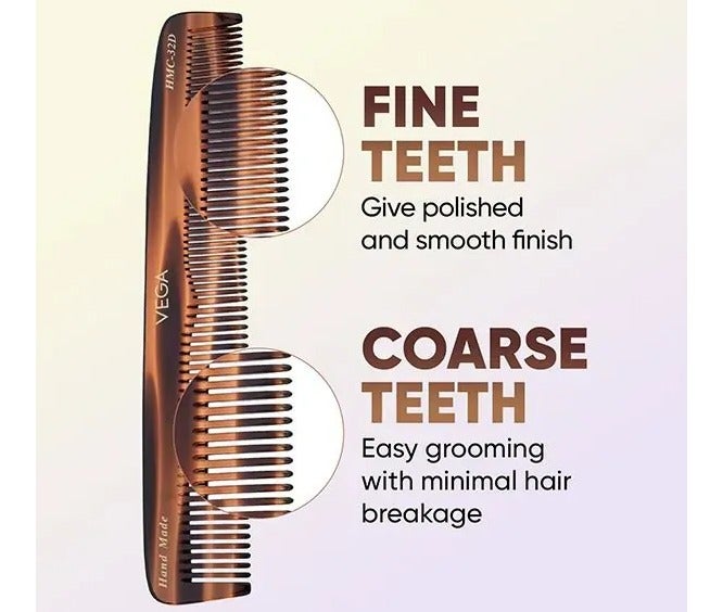 VEGA Handcrafted Graduated Dressing Hair Comb for Professional Styling (HMC-32D, Brown) | Cellulose Acetate Dual-Teeth Comb with Wide & Fine Spacing | Gentle Scalp Care, Minimizes Hair Breakage - Image 3