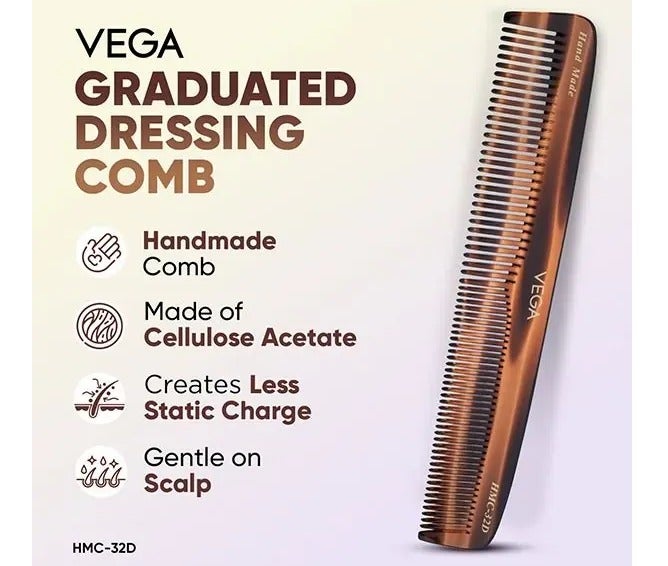 VEGA Handcrafted Graduated Dressing Hair Comb for Professional Styling (HMC-32D, Brown) | Cellulose Acetate Dual-Teeth Comb with Wide & Fine Spacing | Gentle Scalp Care, Minimizes Hair Breakage - Image 2