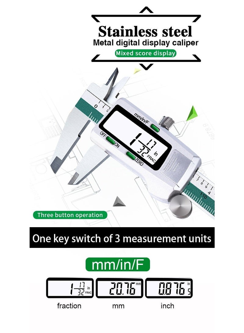الفرجار الرقمي بشاشة LCD كبيرة، من الفولاذ المقاوم للصدأ، عرض الكسور والأعداد العشرية، أداة قياس دقيقة مع تحويل وحدات مم/إنش/ف - Image 2