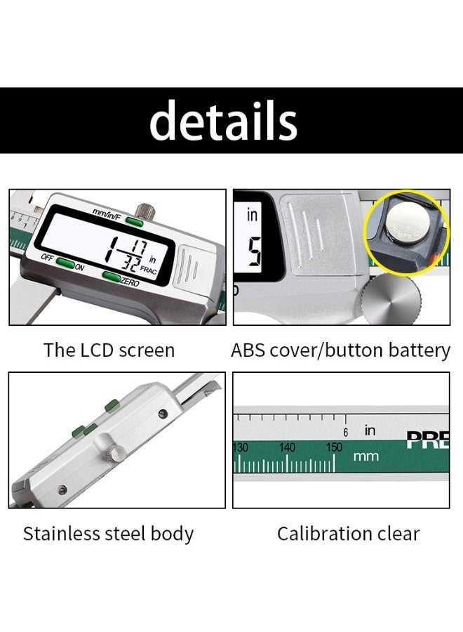 الفرجار الرقمي بشاشة LCD كبيرة، من الفولاذ المقاوم للصدأ، عرض الكسور والأعداد العشرية، أداة قياس دقيقة مع تحويل وحدات مم/إنش/ف - Image 5