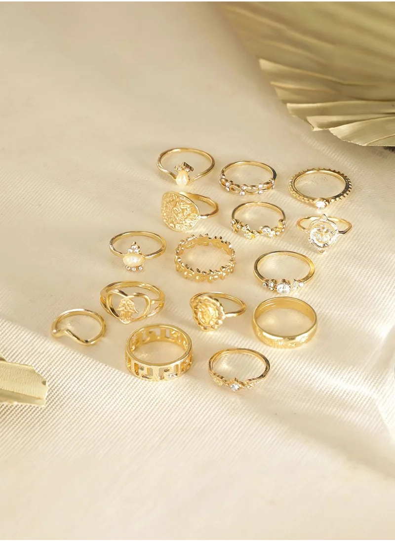برياسي Set Of 15 Plated Stone-Studded Adjustable Finger Rings