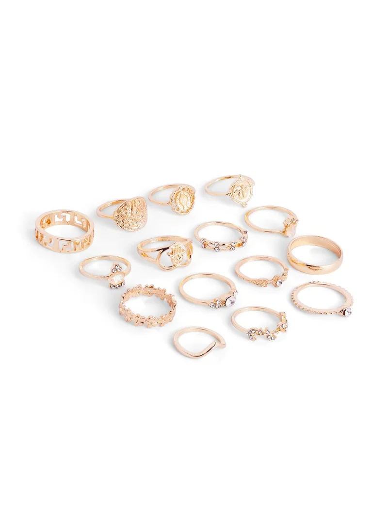 برياسي Set Of 15 Plated Stone-Studded Adjustable Finger Rings