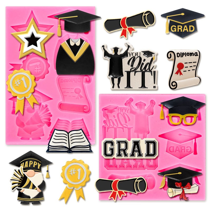 Whaline 2Pcs Congrats 2025 Graduation Fondant Molds Grad Theme 3D Silicone Moulds Bachelors Cap Scroll Resin Molds Graduation Uniform Cupcake Cookie Baking Moulds for Graduation Party DIY Candy
