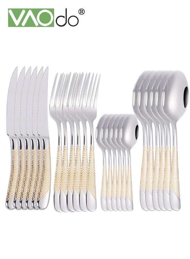 VAOdo 24PCS Stainless Steel Flatware Set, Premium Cutlery Set, Mirror Polished Metal Tableware Include Knives Forks Spoons Dessert Spoons - Image 1