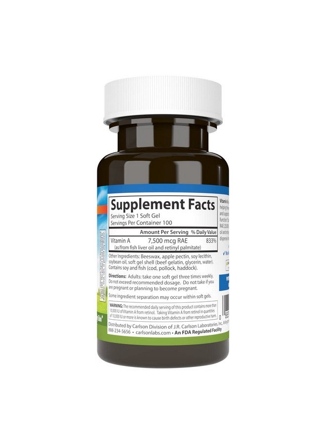 Carlson Labs Vitamin A with Pectin, 25000 IU, 100 Softgels - Image 2