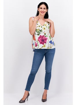 ESPRIT Women V Neck Sleeveless Floral Print Tank Top, White Combo  - Image 3
