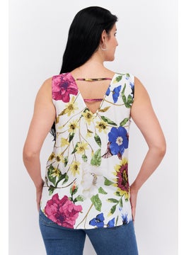 ESPRIT Women V Neck Sleeveless Floral Print Tank Top, White Combo  - Image 2